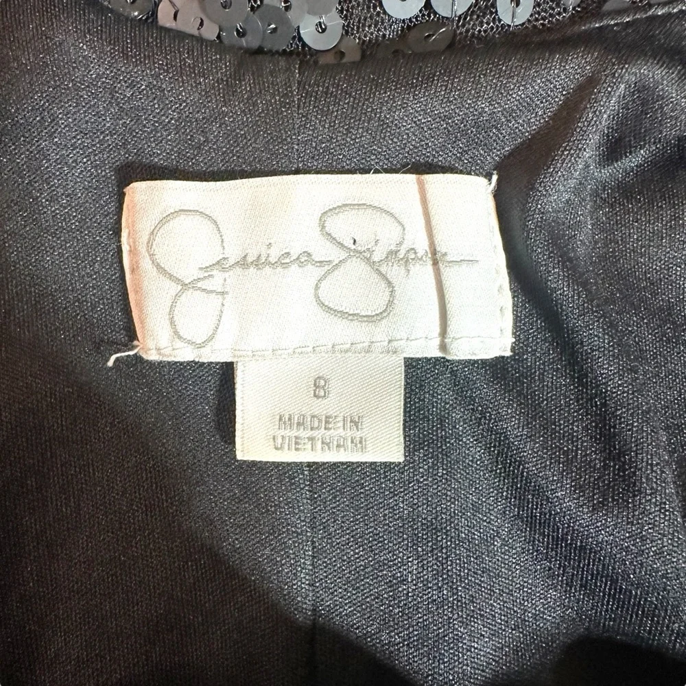 Jessica Simpson Black Sequin Long Sleeve Draped Back Mini Dress Sz 8 NWT - Picture 7 of 9